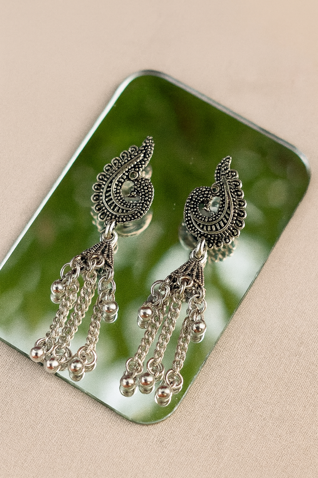 Oxidised Silver Paisley Dangle Earrings with Chain & Bead Detailing
