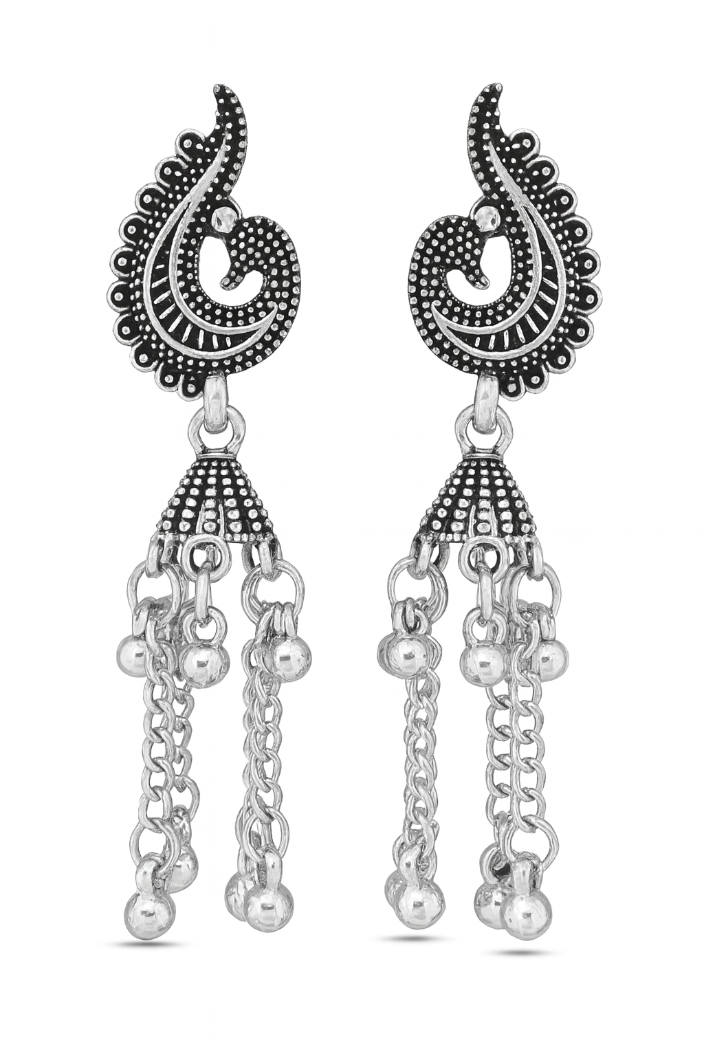 Oxidised Silver Paisley Dangle Earrings with Chain & Bead Detailing