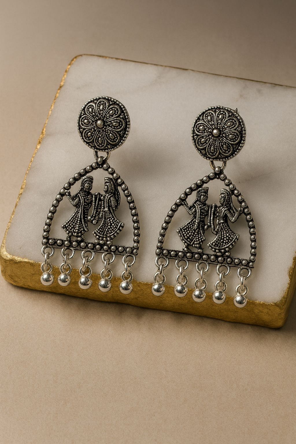 Oxidized Silver Traditional Dancing Couple Earrings