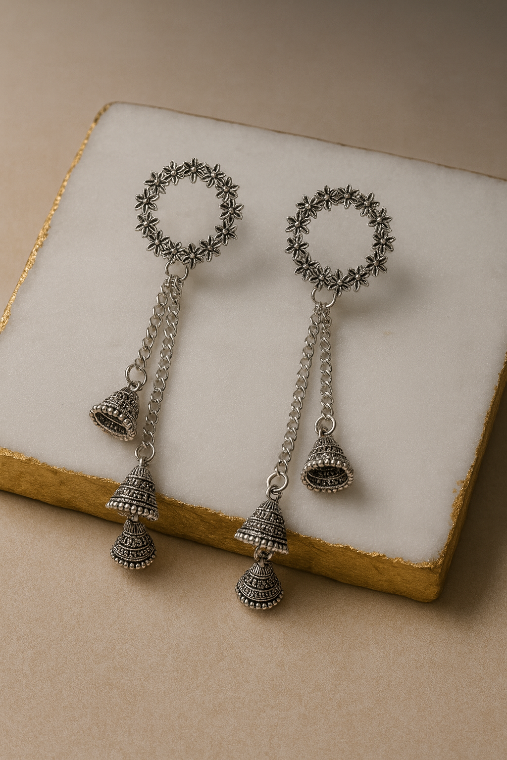 Oxidized Silver Triple-Bell Jhumka Earrings with Floral Hoop Tops