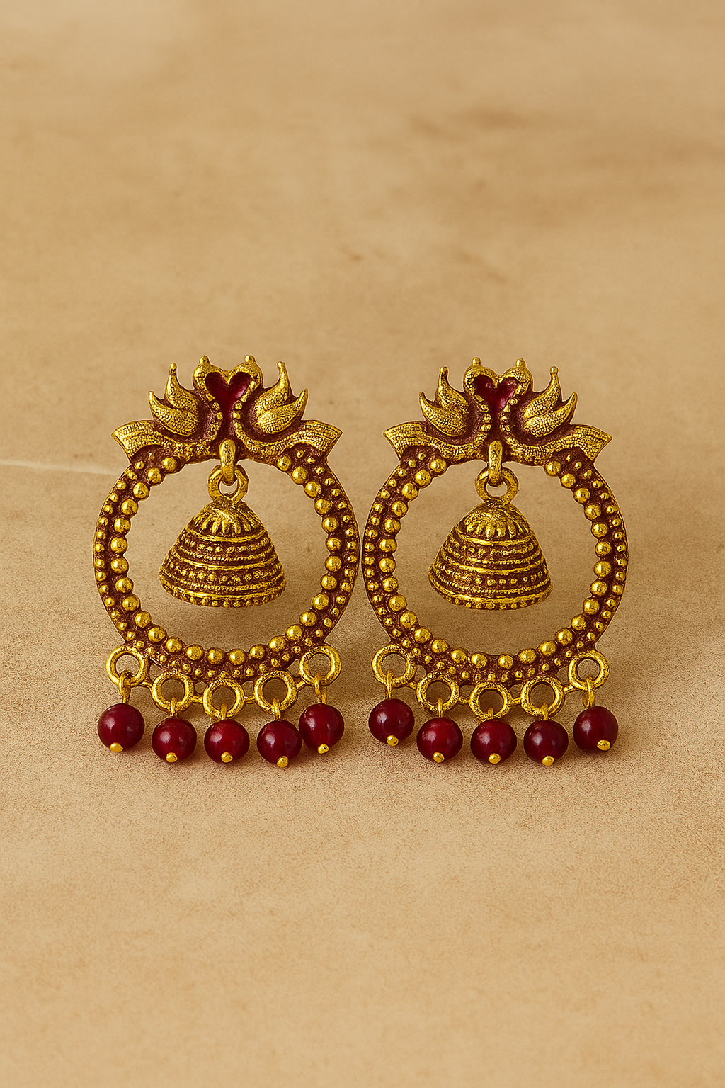 Traditional Antique Gold-Plated Jhumka Hoop Earrings with Red Beads