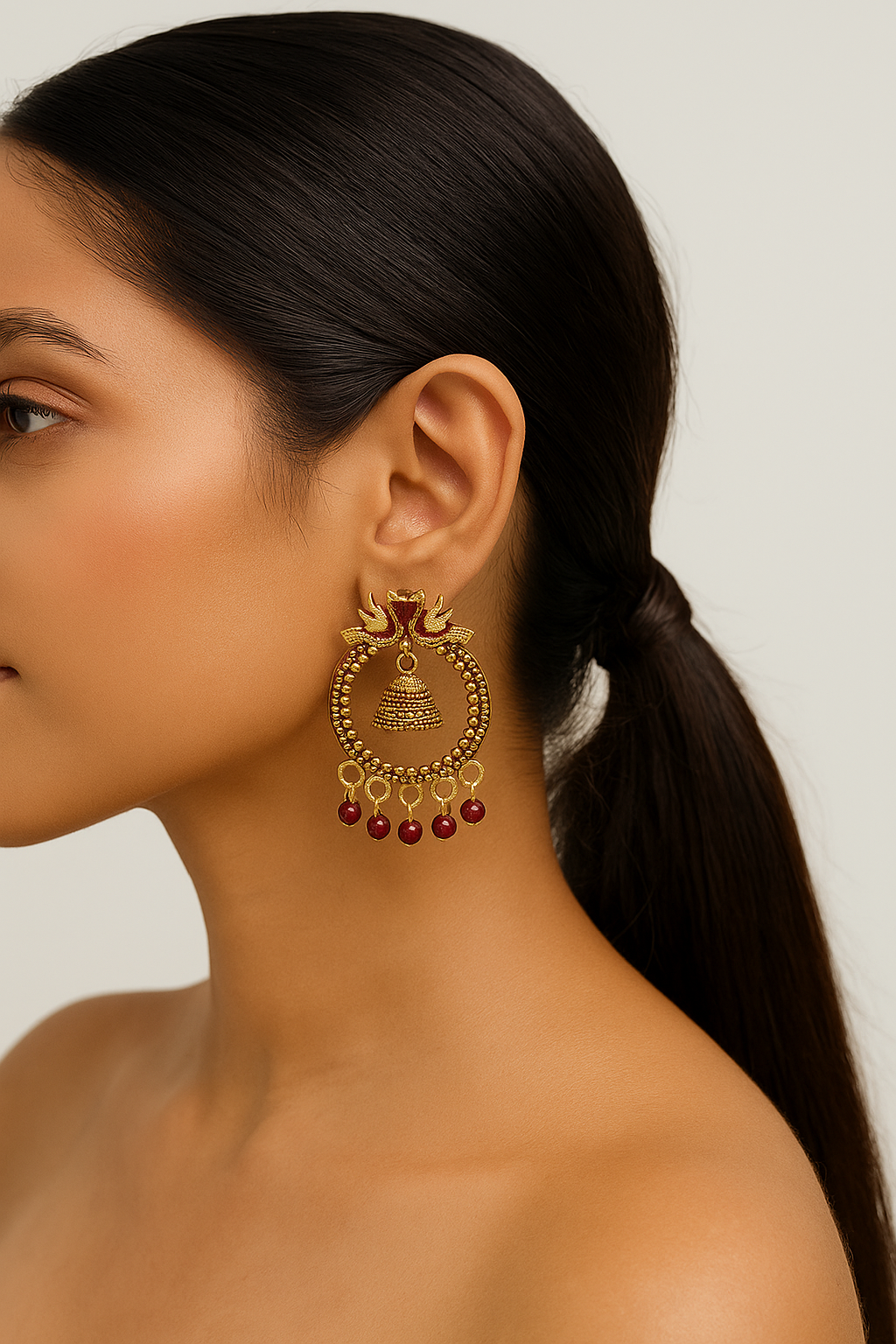 Traditional Antique Gold-Plated Jhumka Hoop Earrings with Red Beads