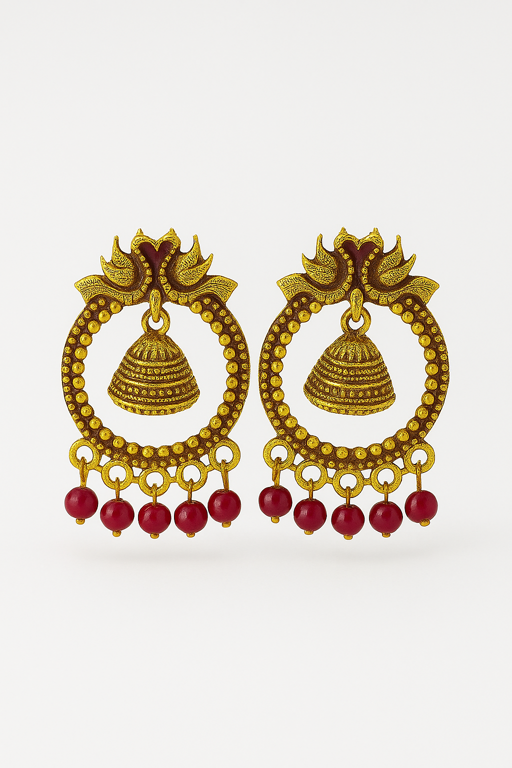 Traditional Antique Gold-Plated Jhumka Hoop Earrings with Red Beads